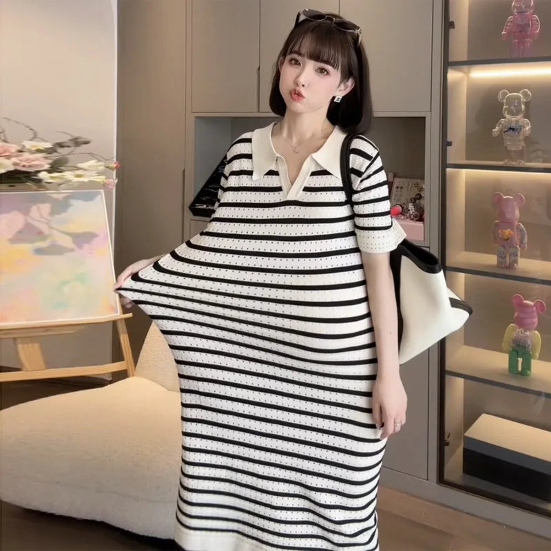 Summer Postpartum Woman Breastfeeding Dresses Short Sleeve Turn-down Collar Hollow Out Striped Maternity Straight Nursing Dress