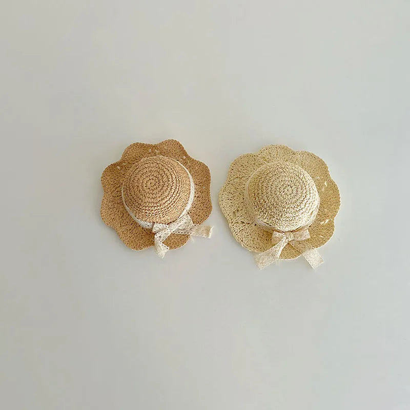 Lace Bow Girl Straw Hat Baby Summer Sun Hats Travel Beach Kids Large Brim Fisherman Cap 2-5Year Children Sunscreen Bucket Caps