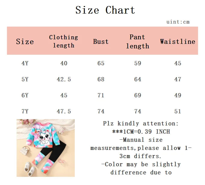 4-7 Year Girls' Set Round Neck Cartoon Cute Kitten tie-dye Long Sleeve+Long Pants 2Pcs/Set Girls' Spring and Autumn Fashion Set
