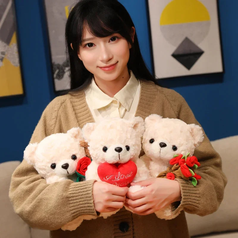 Wholesale Creative 16/25CM Bear Plush Toy Red Heart Romantic Rose Doll Soft Handmade Holding Flowers Bear Doll Home Decoration