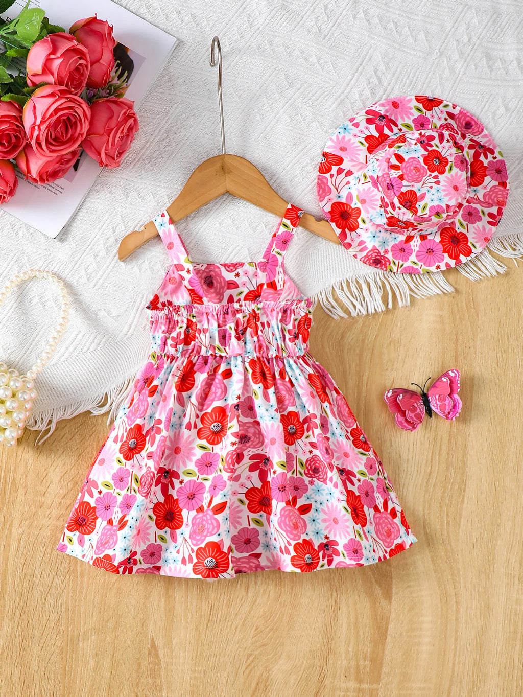 Baby Girl Summer Dress Strap Beautiful Printed Strap Dress+Hat Two Piece Set for 0-3 Year Old Baby Girl Beach Vacation Dress