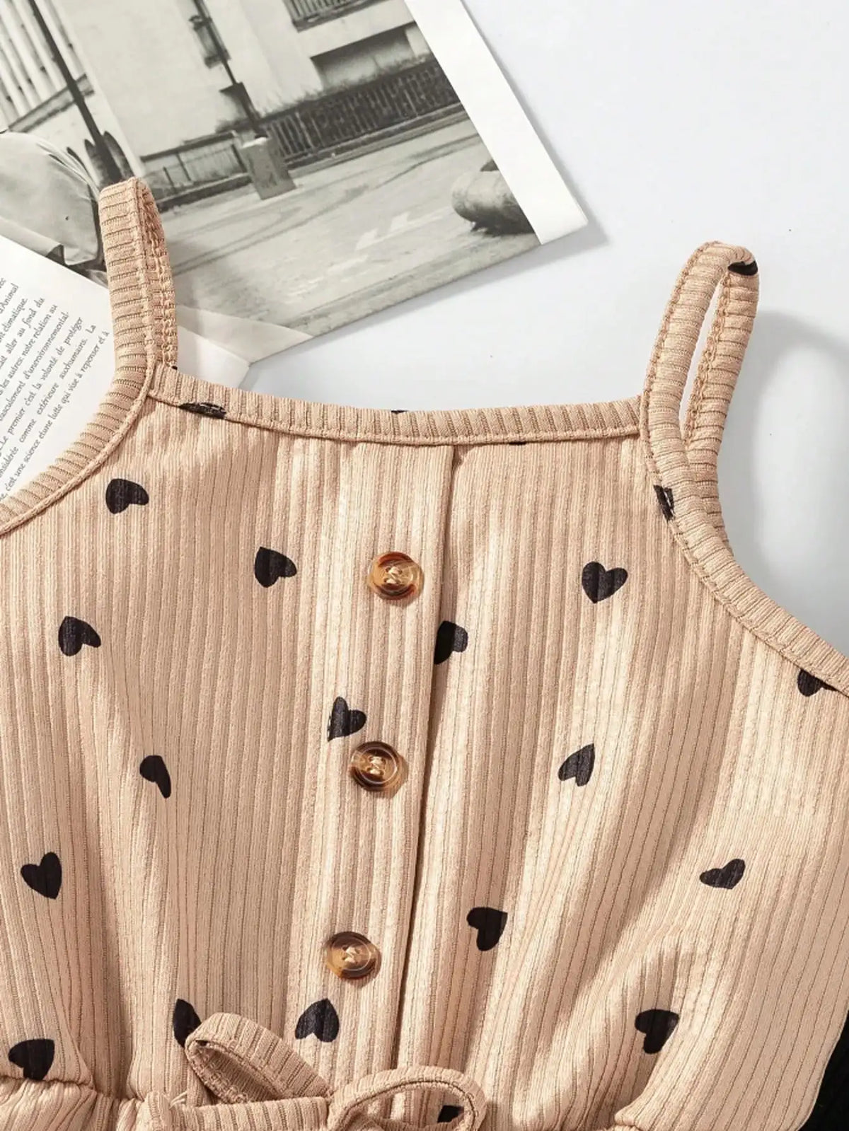 2pcs Girls Casual Summer Button up Heart-Shaped Camisole Jumpsuit Set Two Colors Suitable for Outdoor Travel