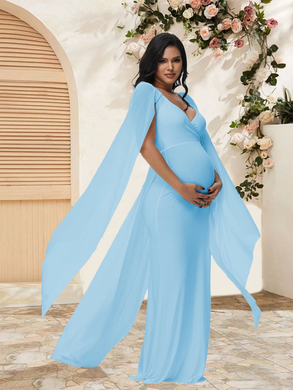 Maternity Long Dress With Shawl Trailing Women's Robe Floating Sleeves for Baby Shower Maternity Photo Shoot