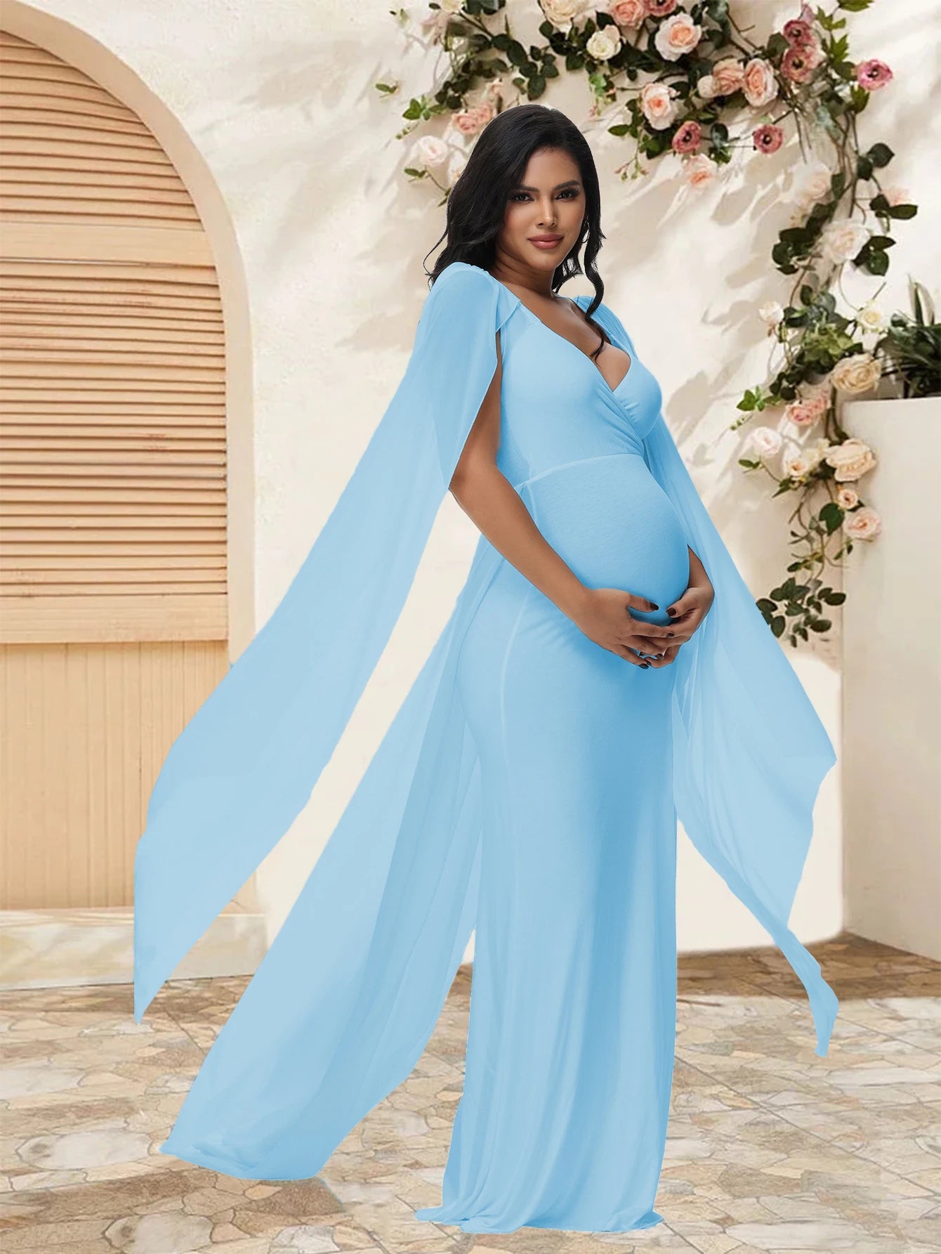 Maternity Long Dress With Shawl Trailing Women's Robe Floating Sleeves for Baby Shower Maternity Photo Shoot