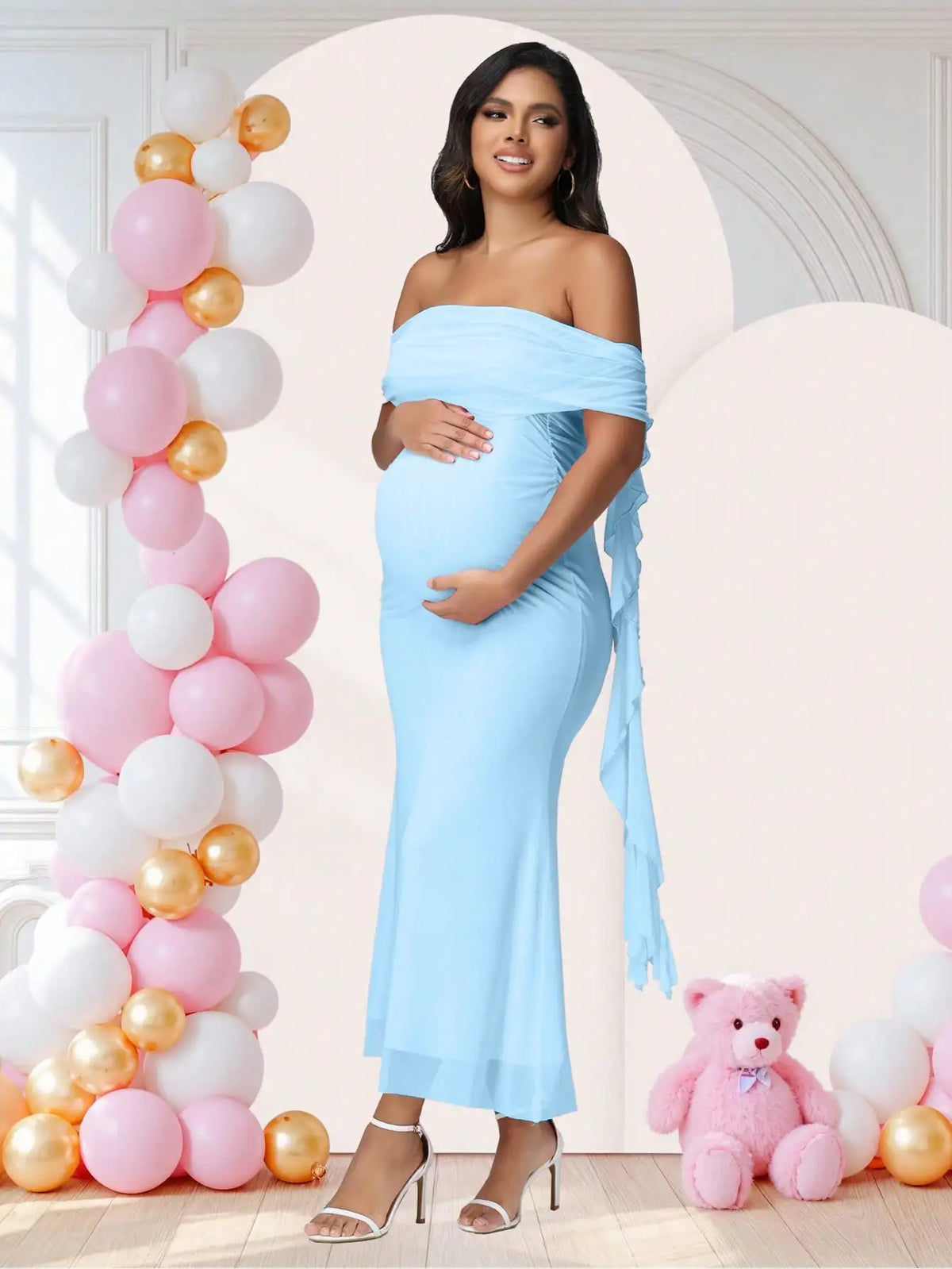 Maternity Mesh Off Shoulder Dress For Photoshoot Long Gown With Strapless Ruffle Drape For Baby Shower