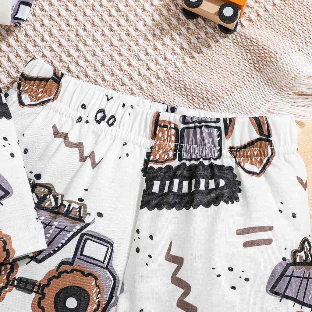 2Pcs Male Baby Set Cartoon Mechanical Digging Machine Printed Short Sleeve+Pants Set 6-24 Months Male Baby Summer Casual Set