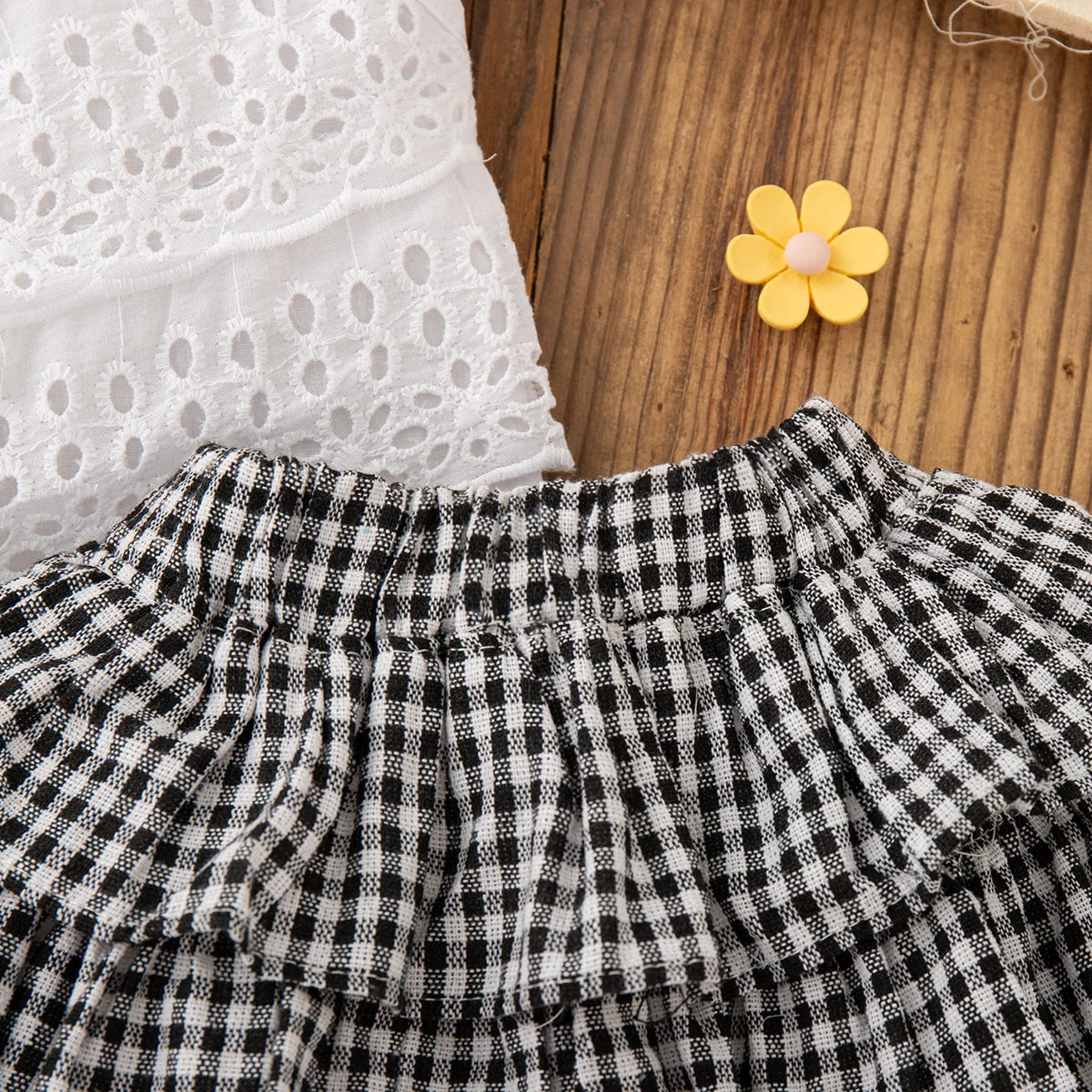 2pc/Set Girls' Suit Summer Bow And Plaid Lace Trim Short Sleeve Casual Toddler Girl Clothes Cute Simple Children Clothes