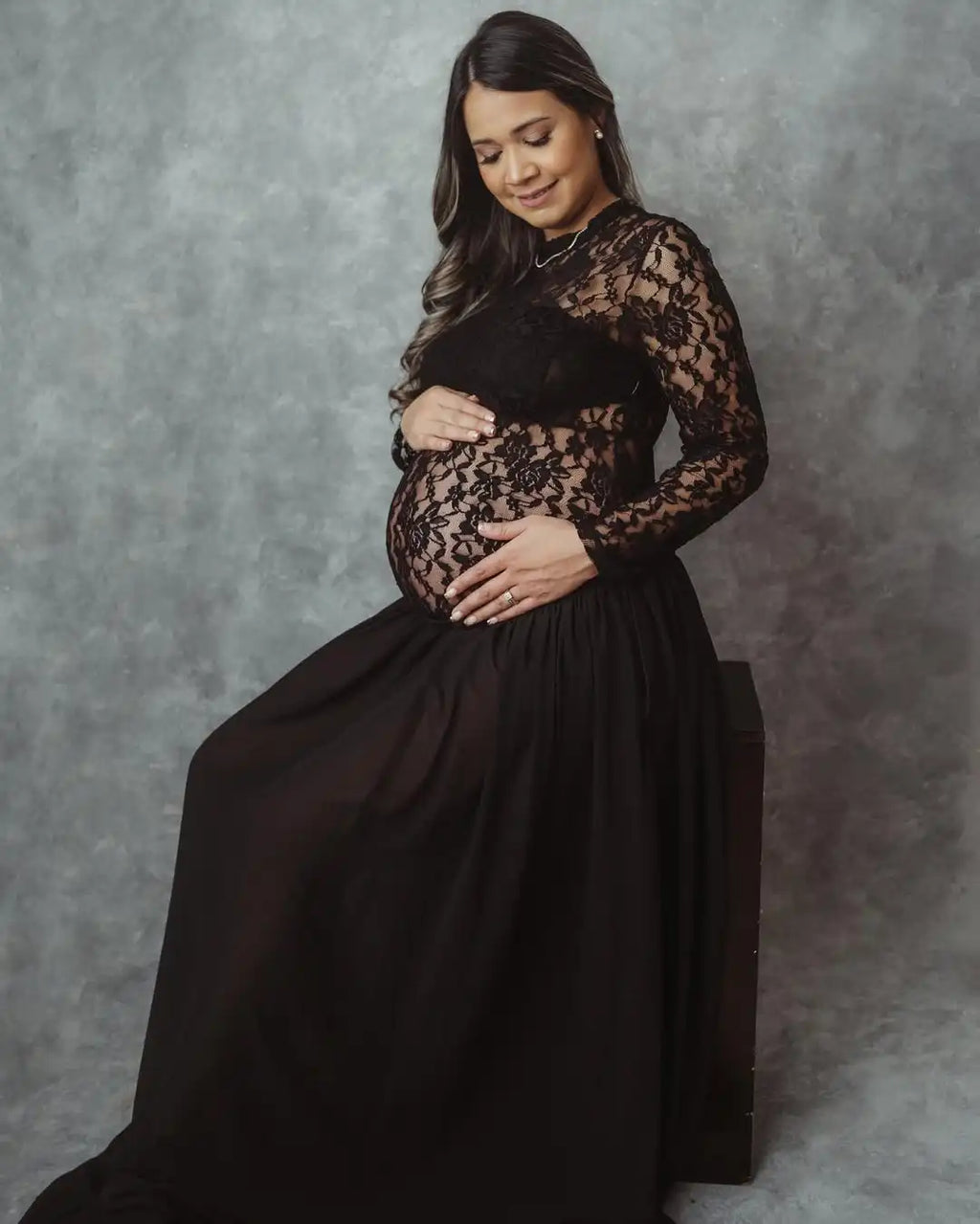 Maternity Long Sleeves Lace Dress See-Through Bodysuit and Maxi Chiffon Skirt 2Pc Outfit for Photoshoot Baby Shower