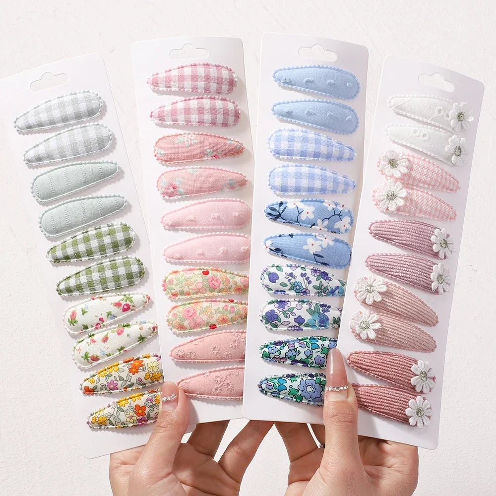 10pcs/set Baby Kids Fresh Print Cotton Alloy Hair Clips Fabric Plaid BB Hairpins Toddler Hairgrips Headwear Hair Accessories