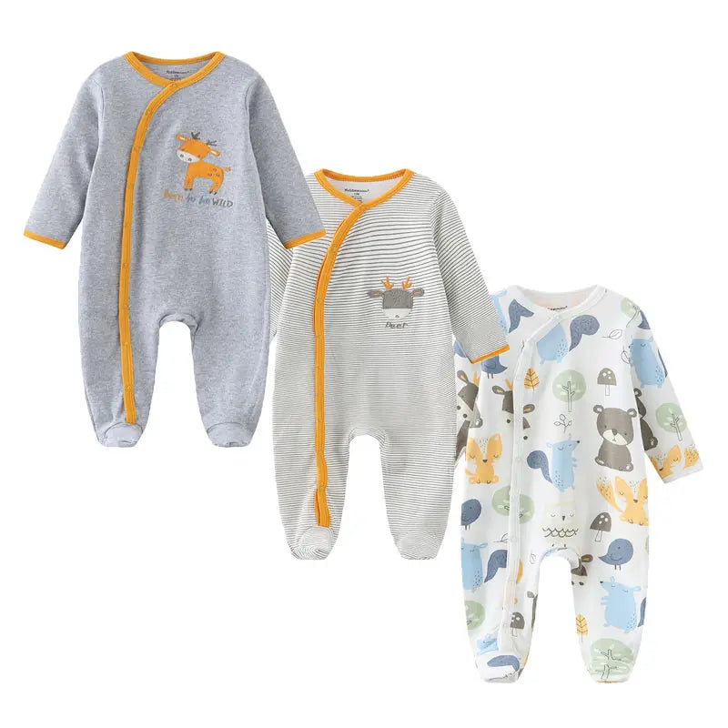 kiddiezoom 3 Pcs/Lot Autumn Winter Cartoon Long sleeve Baby Boy Girl Romper 100%Cotton Soft Newborn Clothing