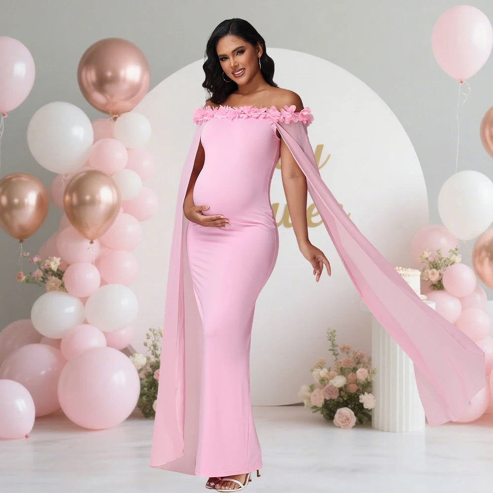Maternity Floral Off Shoulder Floating Sleeves Dress Elegant Bodycon Maxi Gown for Photoshoot Baby Shower