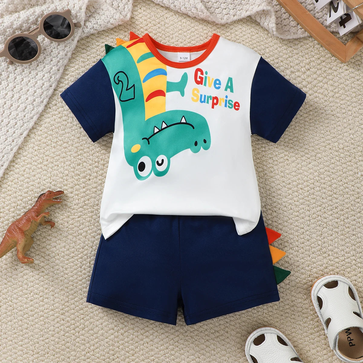 2Pcs Boy baby Casual Set Cartoon Dinosaur short sleeved+navy blue shorts set for Handsome Boys 0-3 Years old Summer set