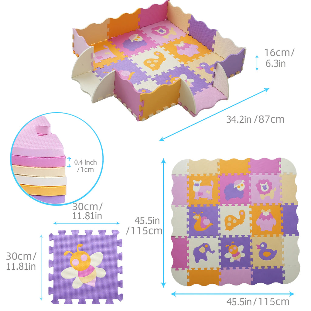 25Pcs/set Square Interlocking Puzzle Floor Mat Foam Play Mat with Fence for Kids