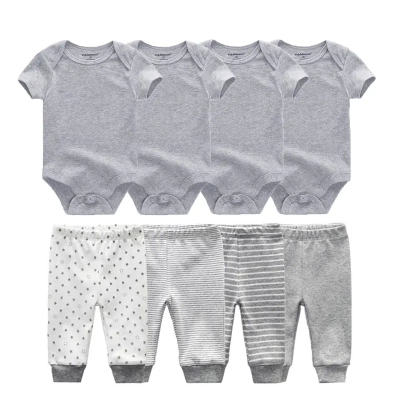 8-Piece Cartoon Baby Bodysuits and Pants Cotton Newborn Unisex Short Sleeve Onesies Trousers 0-12 Months