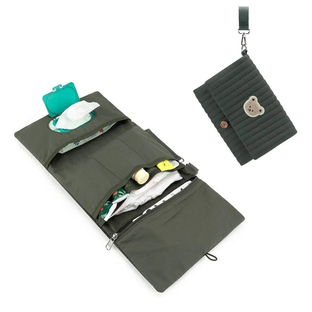 Cute Baby Hanging Diaper Bag Multi-Compartment Cotton Foldable Storage Pouch with Wipe Holder Detachable Strap