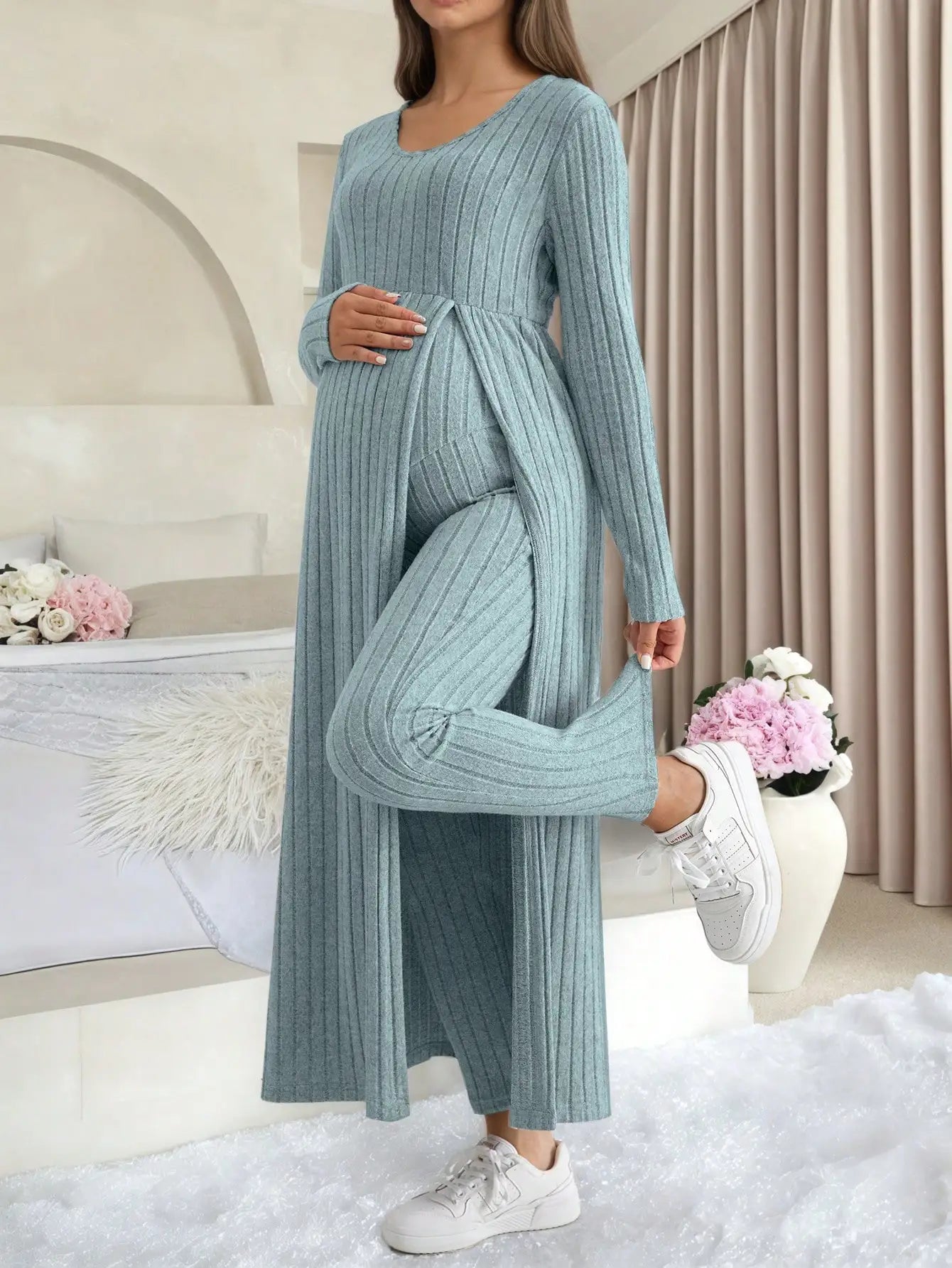 Maternity Two Piece Lounge Set With Long Sleeve Soft Ribbed Fabric For Home And Casual Wear