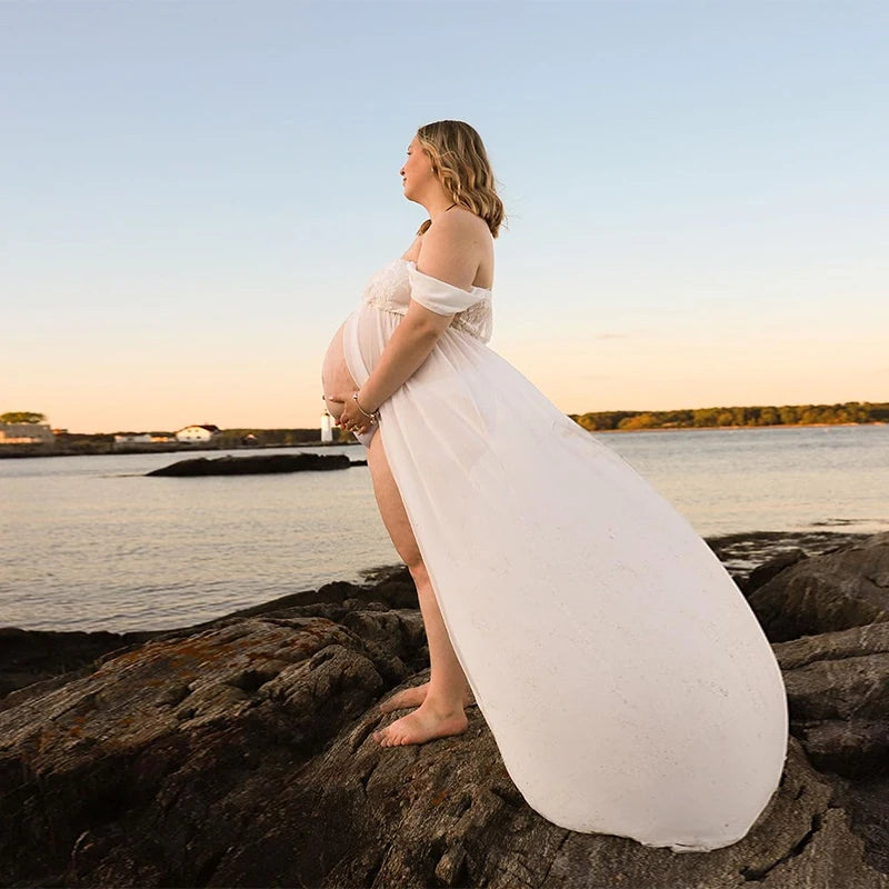 Maternity Lace Dress Sexy Gown Off Shoulder Long Pregnancy Dress Photo Shooting Women Fancy Clothing Slit Dress for Photoshoot