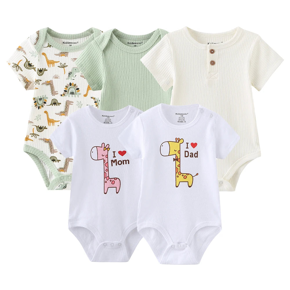 I Love Papa Mama Cartoon Baby Bodysuits 5-Pack Unisex Short Sleeve Onesies 0-12 Months