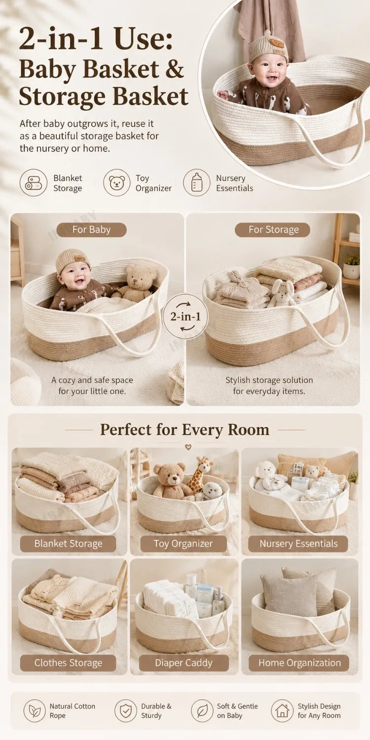 Portable Cotton Rope Baby Moses Basket, Breathable Woven Newborn Sleeping Bed with Handle, 2-in-1 Nursery Storage Organizer