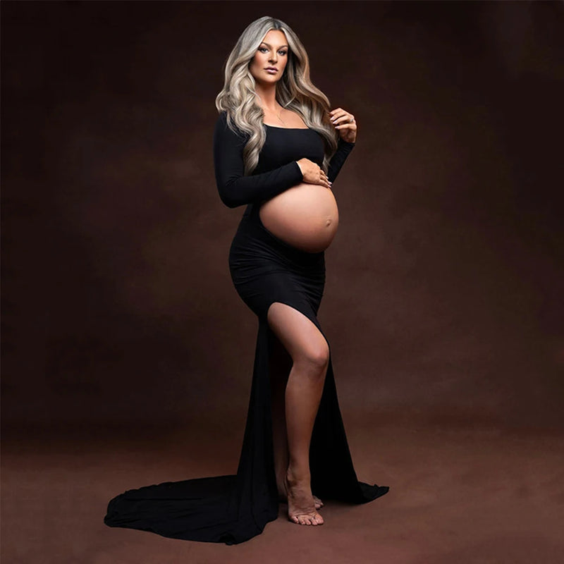 Maternity Dress Cut Out Backless Side Split Slim Long Sleeved Maxi Sexy Dress Gown For Baby Shower Photoshoot