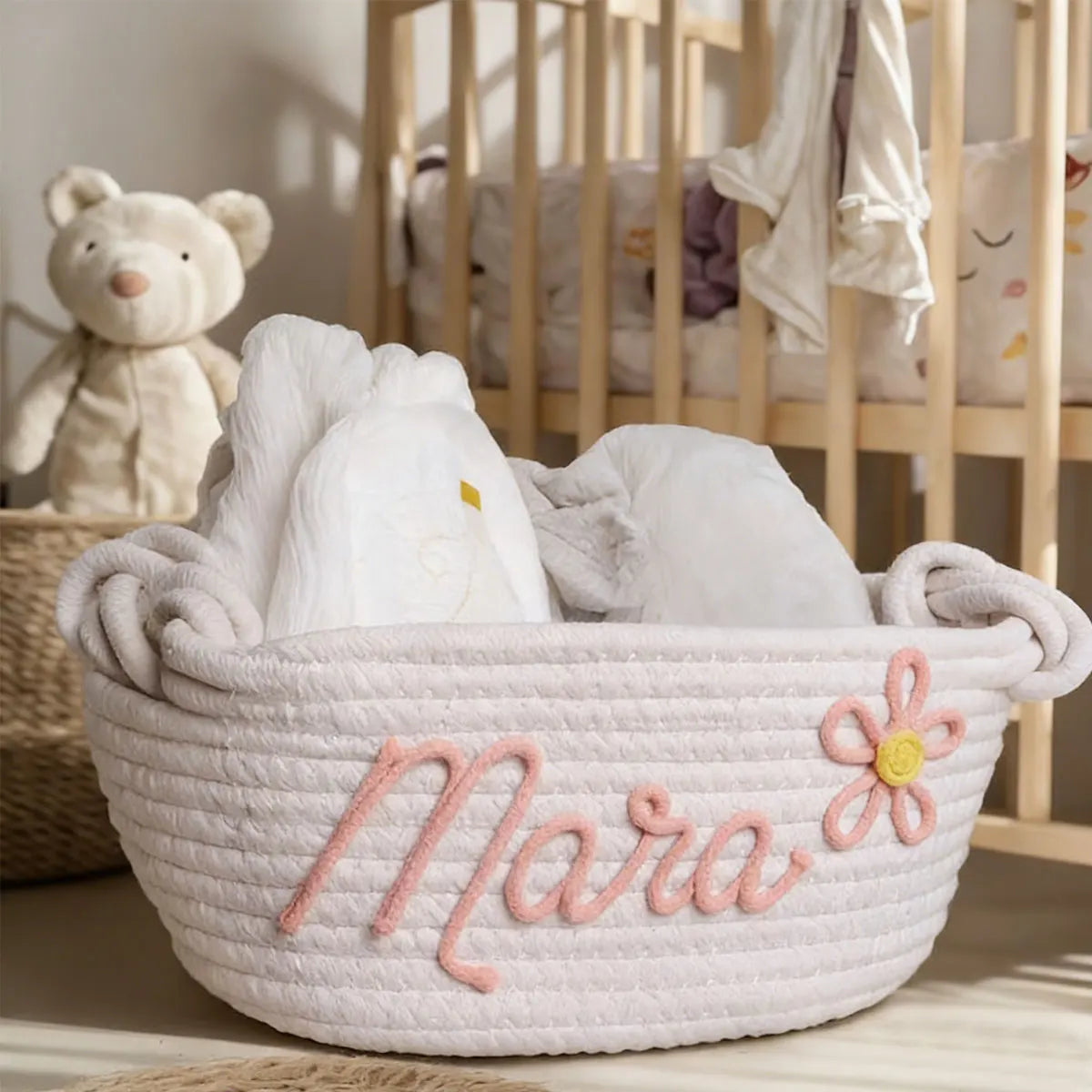 Personalized Cotton Rope Storage Basket with Letter – Handmade Gift & Easter Basket
