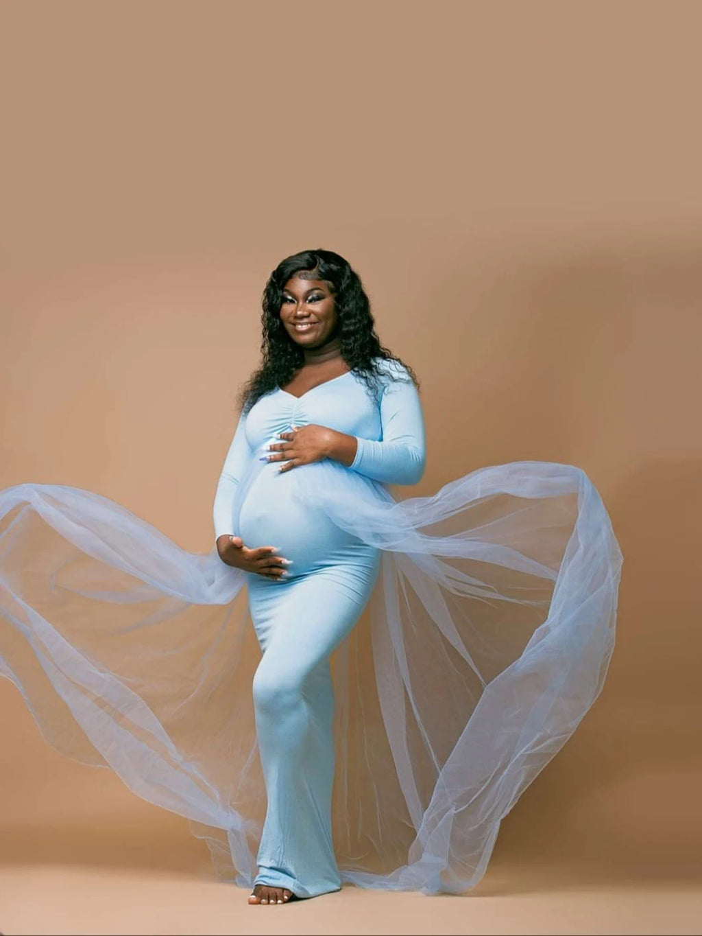 Maternity Long Sleeves Floor Length Mesh Dress Pregnant Dress With Long Train For Shooting Baby Baptism Party