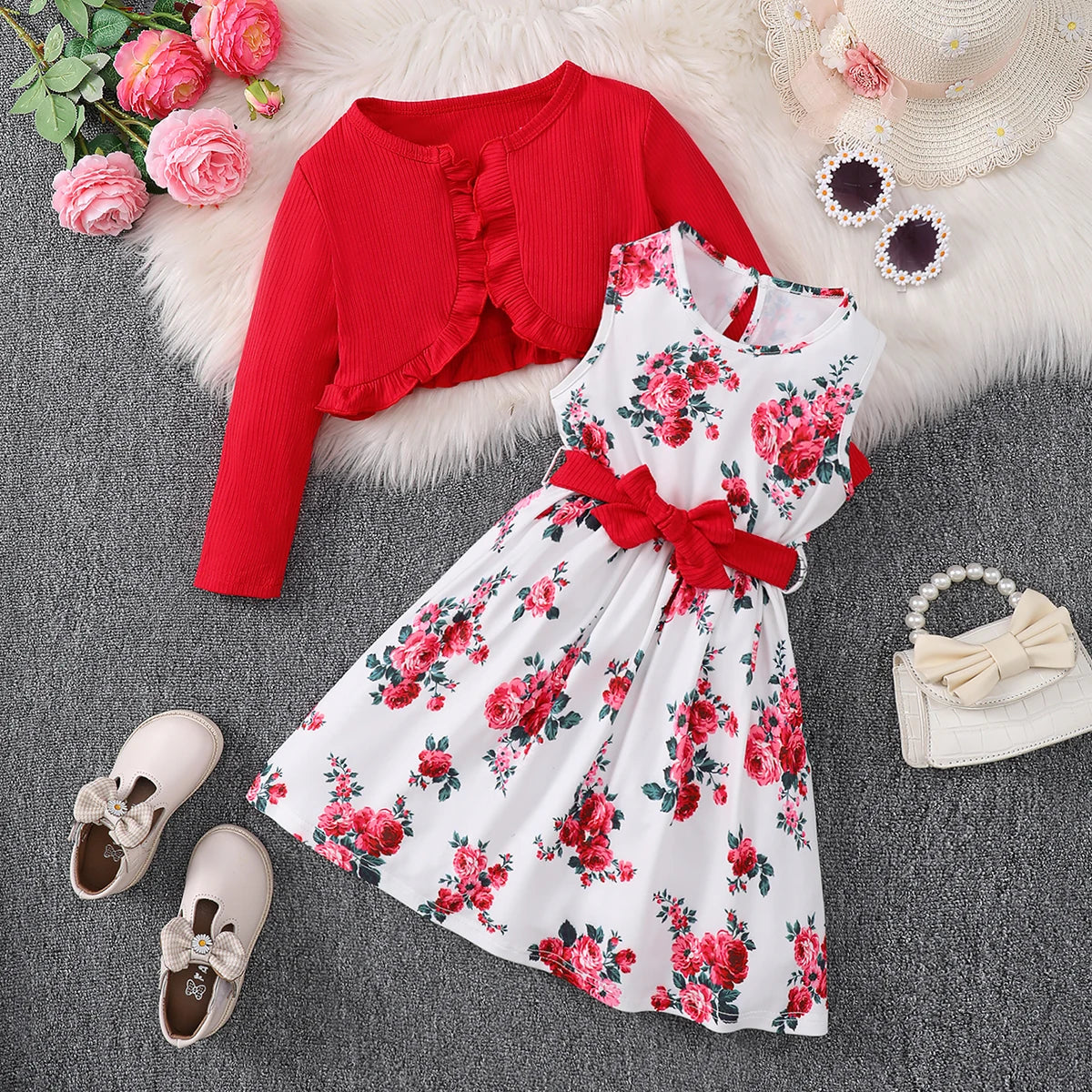 Children's clothing girls' Dress Pretty Flower Sleeveless Dress+ Shawl+belt 3Pcs/Set 4-7 Year Girls' Spring Autumn Fashion Dress
