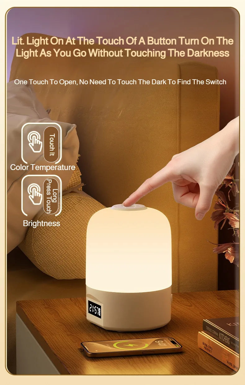 LED Bedside Lamp with Clock Display Touch Control Dimmable Night Light USB Rechargeable for Bedroom Baby Feeding