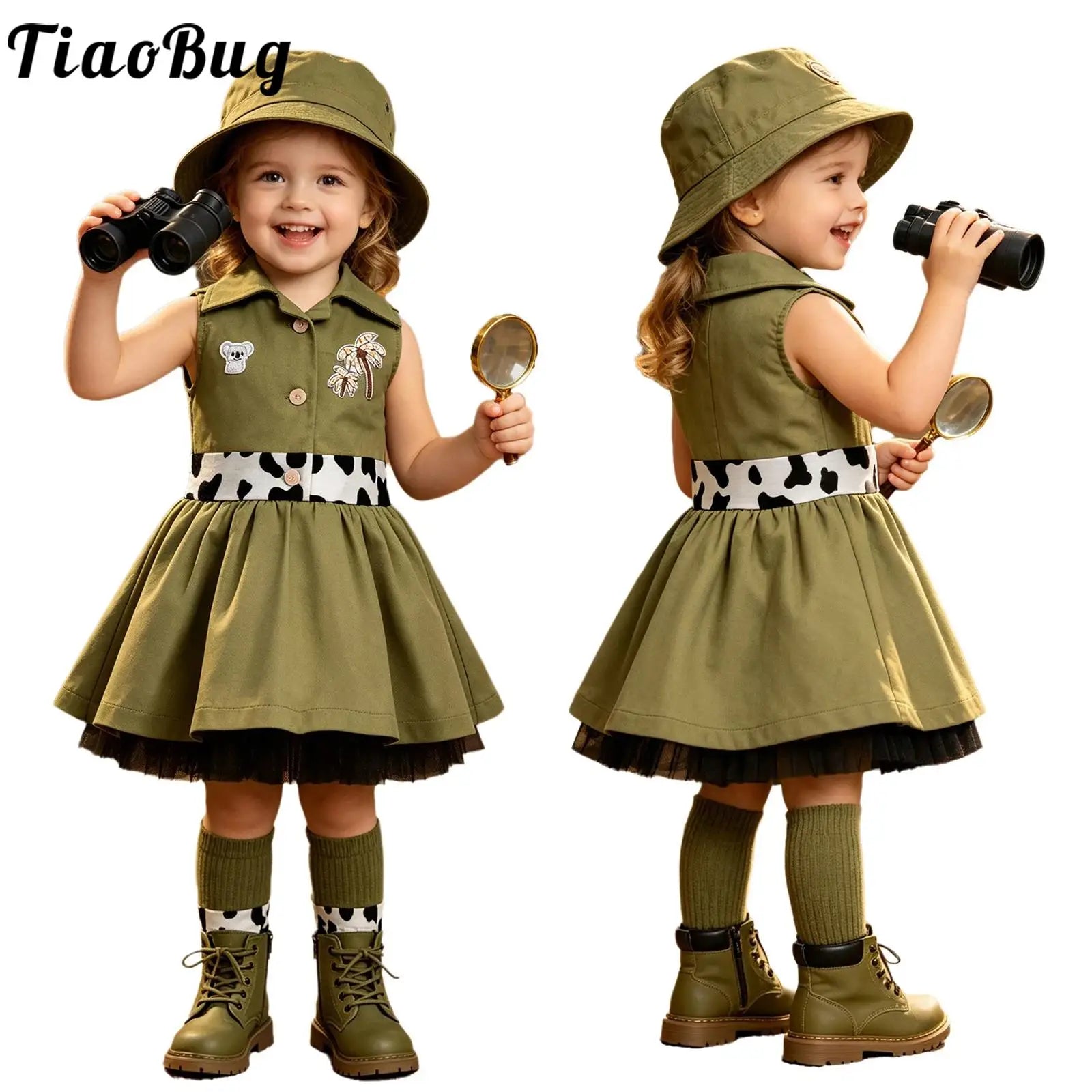 Toddler Baby Girls Zookeeper Suit Sleeveless Cute Animal Embroidery Tulle Dress Birthday Party Cake Smash Zoo Keeper Outfits