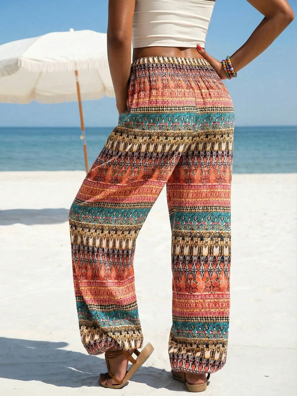 Women's Summer Bohemian Ethnic Print Elastic Waist Loose Fit Dress Capris for Beach