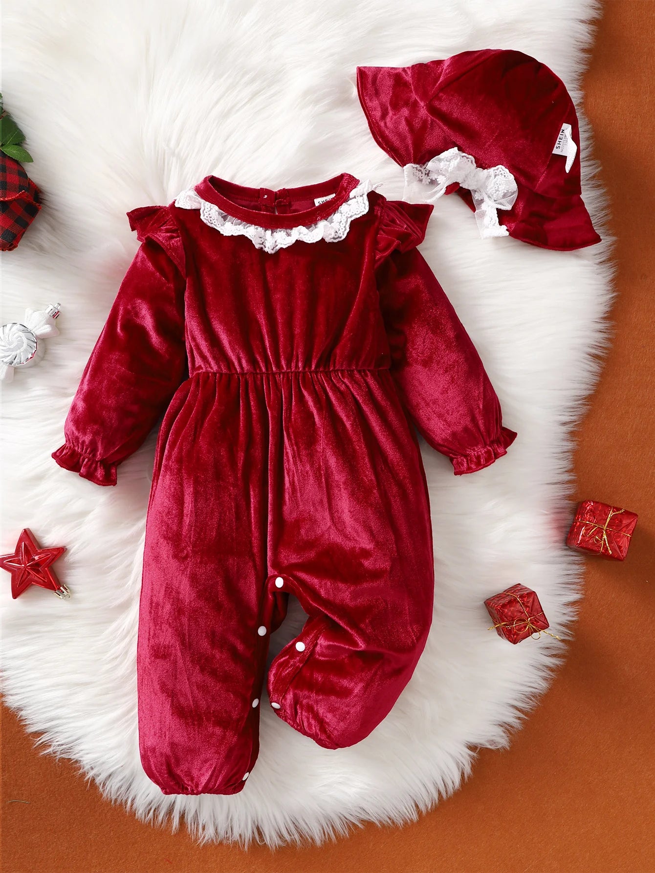 Cute Baby Girl Red Velvet surface Lace Bodysuit +top hat 0-2 year old baby girl spring And autumn Bodysuit  Festival Clothing
