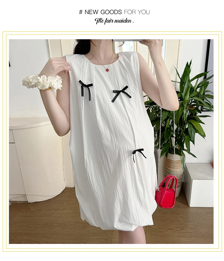 Korean Style Maternity Mini Dress Sleeveless White Pregnant Woman Bud Dress Fashion Short Lady Loose Fashion Dress with Bowknot
