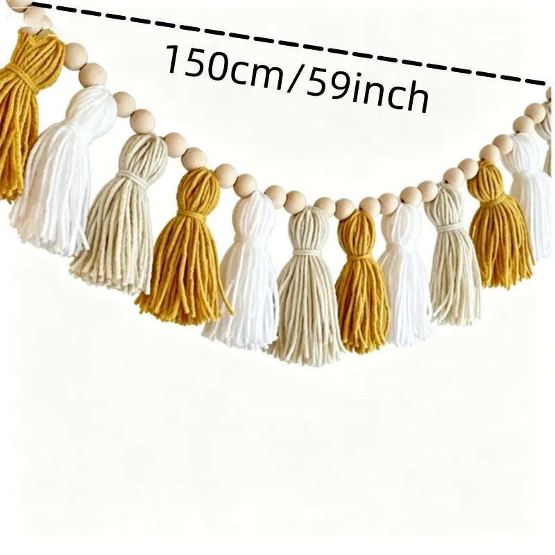 Bohemian Yellow Wooden Bead Tassel Garland Banner
