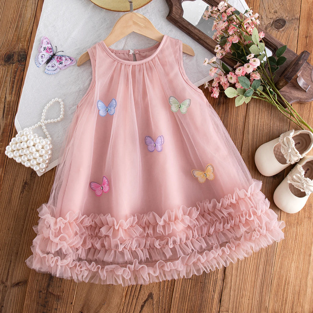Summer New Baby Girl Pink Dress Cute Butterfly Children'S Birthday Clothes (9 Months -4 Years Old)