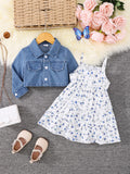 Girls Floral Halter Dress + Denim Jacket Two-Piece Set Spring Autumn Cute Baby Outfit Combination