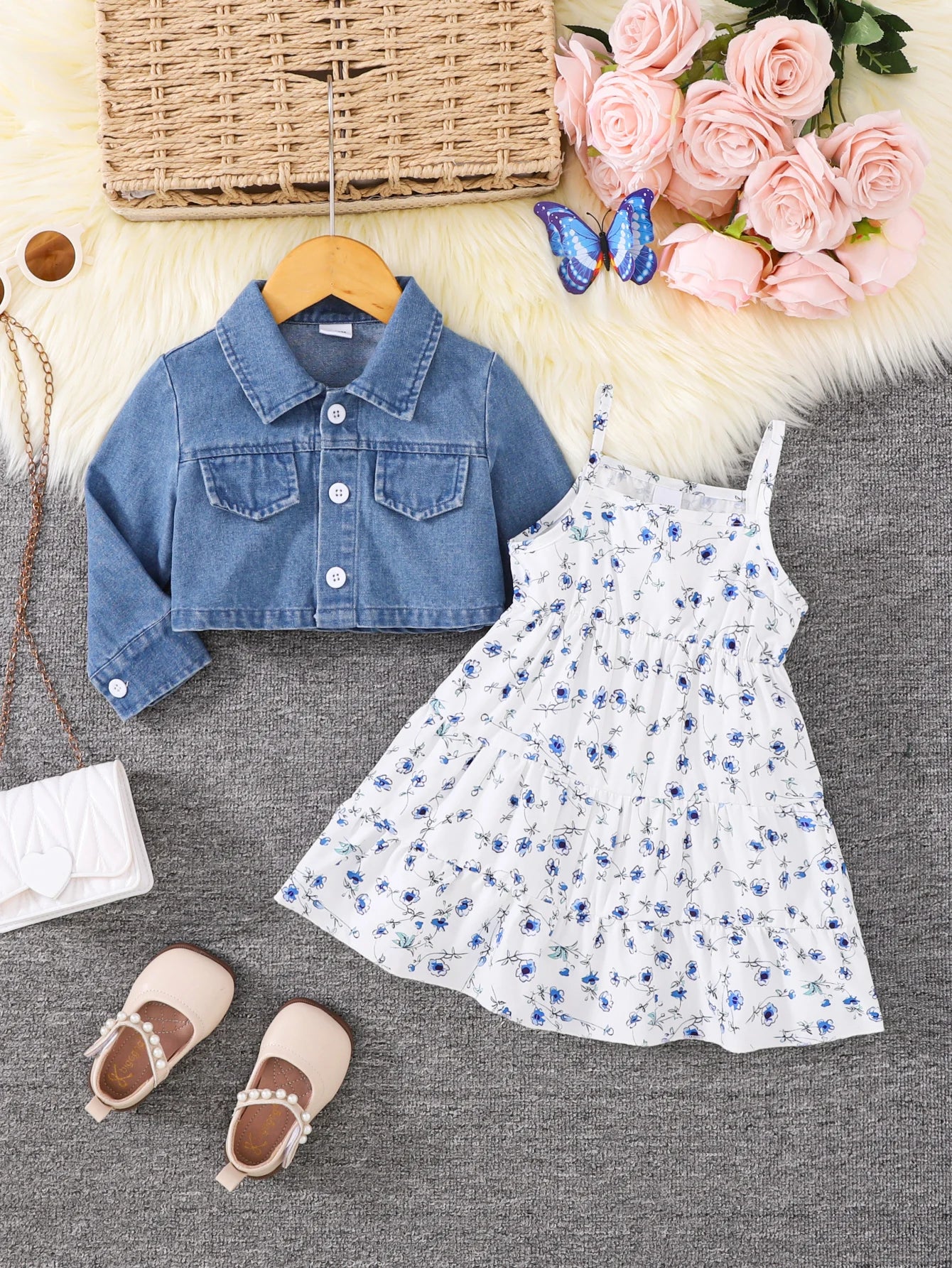 Girls Floral Halter Dress + Denim Jacket Two-Piece Set Spring Autumn Cute Baby Outfit Combination