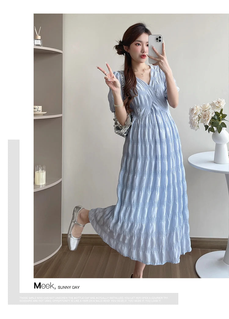 French Style Summer Maternity Pleated Dress High Waist V-neck Short Sleeve Pregnant Woman Elegant Dress Pregnancy Clothes Loose