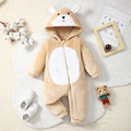 Newborn Baby boy Plush Hooded Cute Little Bear Zipper Long sleeves Bodysuit Suitable for 0-18 Months Baby Winter Crawling Suit