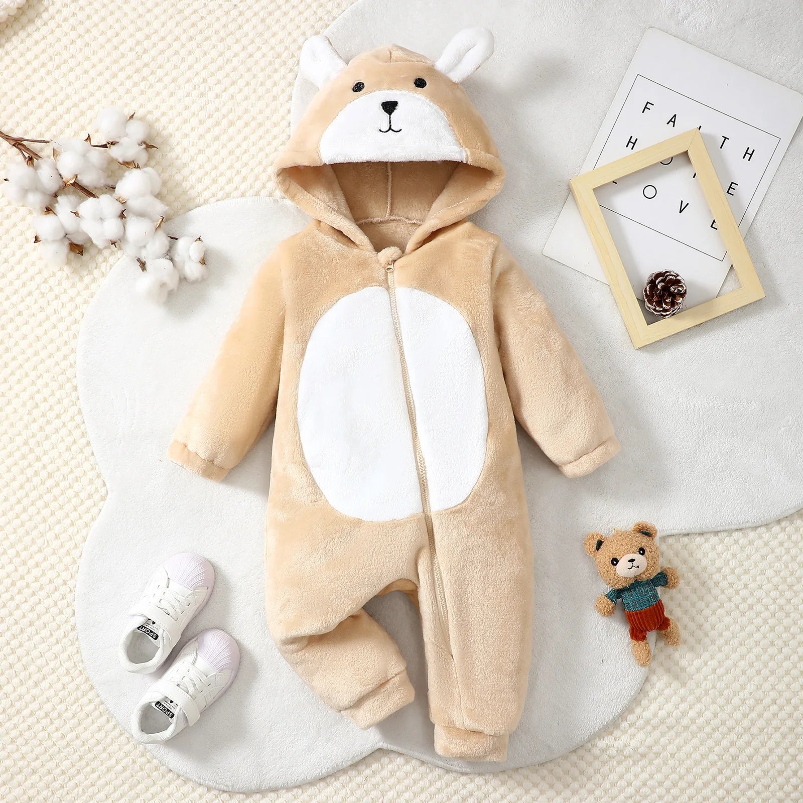 Newborn Baby boy Plush Hooded Cute Little Bear Zipper Long sleeves Bodysuit Suitable for 0-18 Months Baby Winter Crawling Suit