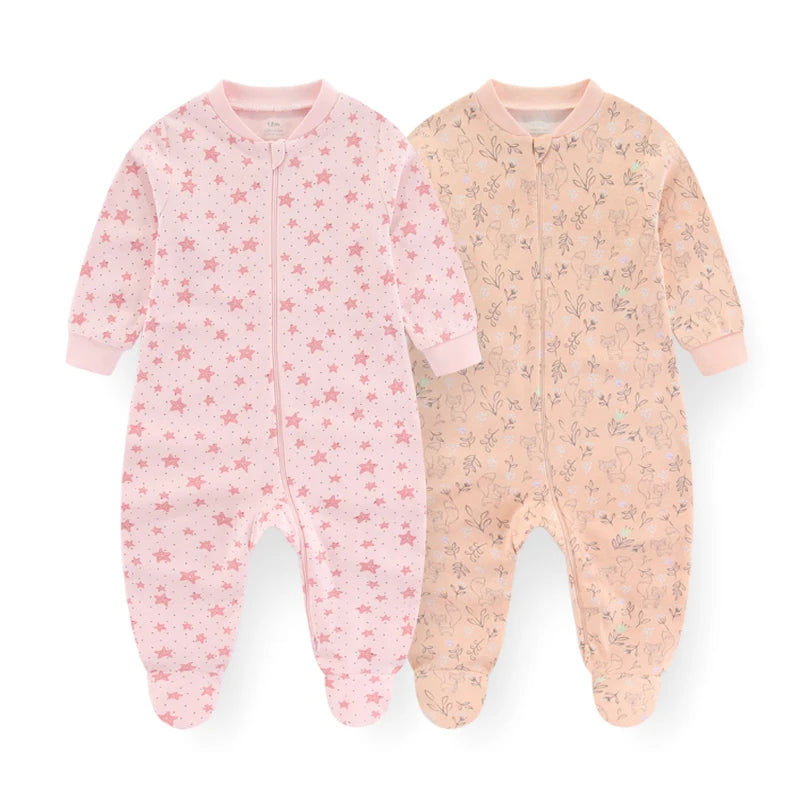 Kiddiezoom Cartoon Long Sleeve Zipper Baby Romper 0-12 Months 2 Pcs Lot 100 Percent Cotton