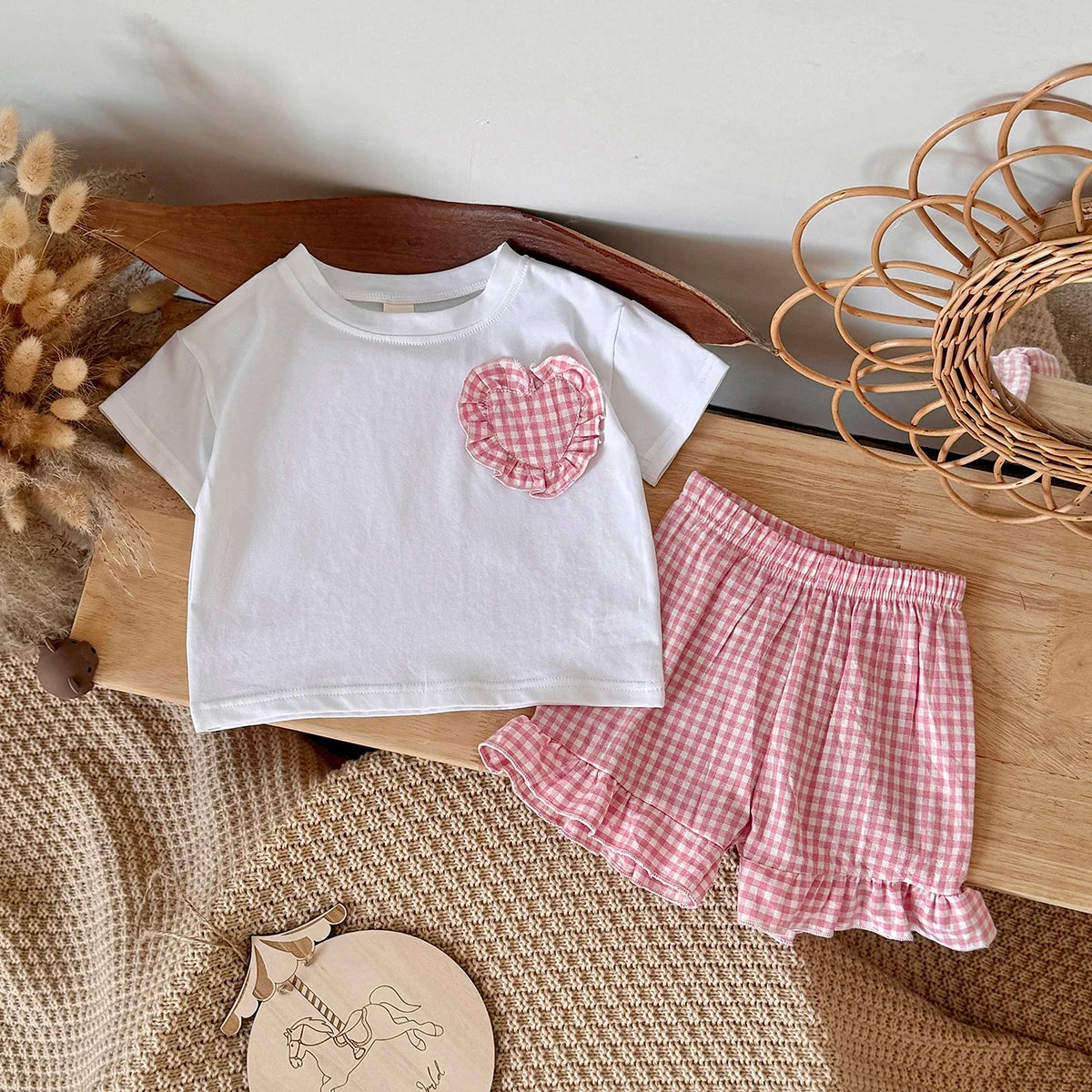 0-3Y Toddler Infant Kid Baby Girl Clothes Sets Soft Short Sleeve T-Shirt Heart Shaped Sticker Tops Striped Shorts