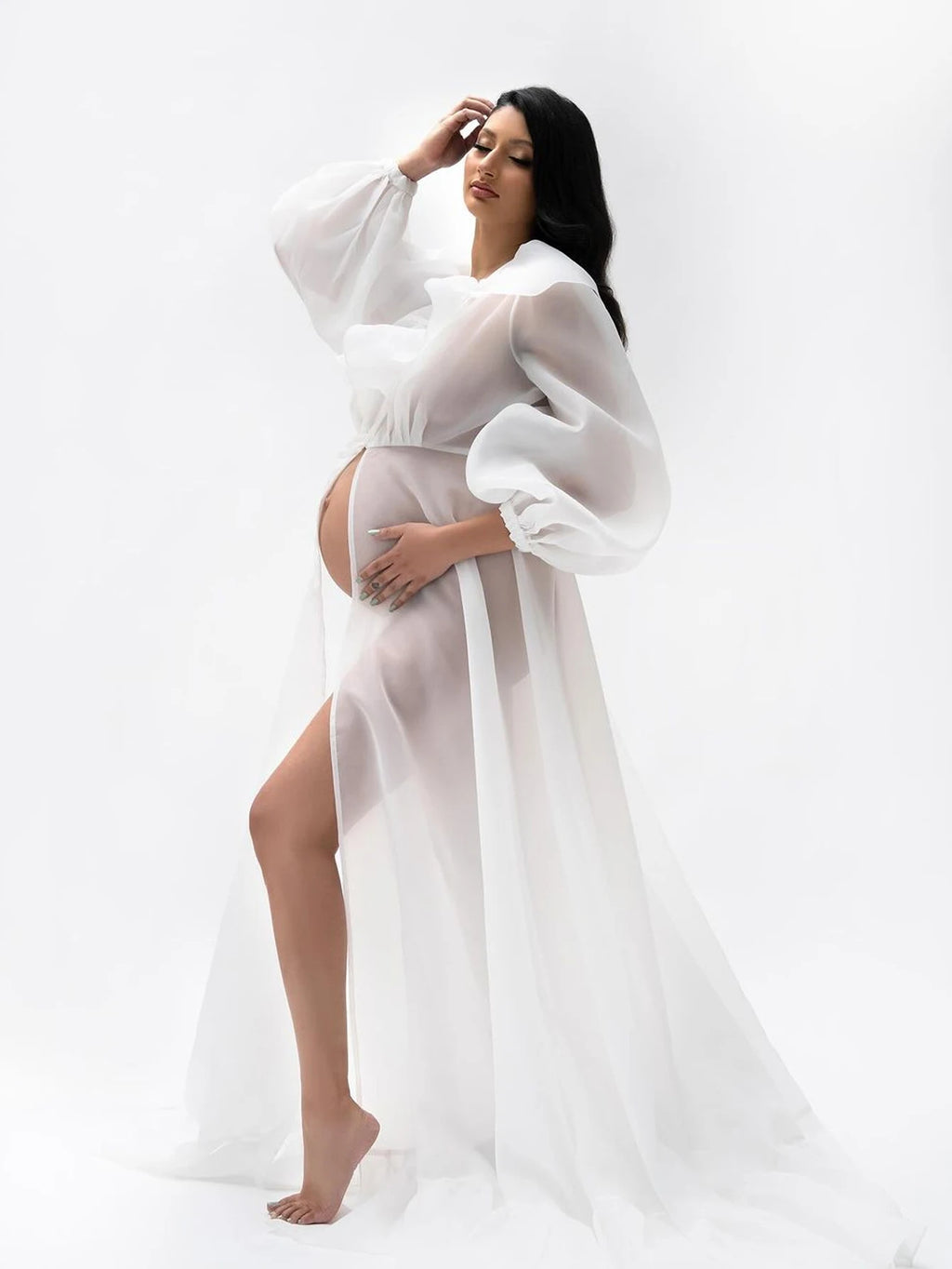 Maternity Photo Shoot Long Chiffon Dress Ruffle Neck Lantern Sleeve With Tie Cord Pregnancy Robe For Baby Shower