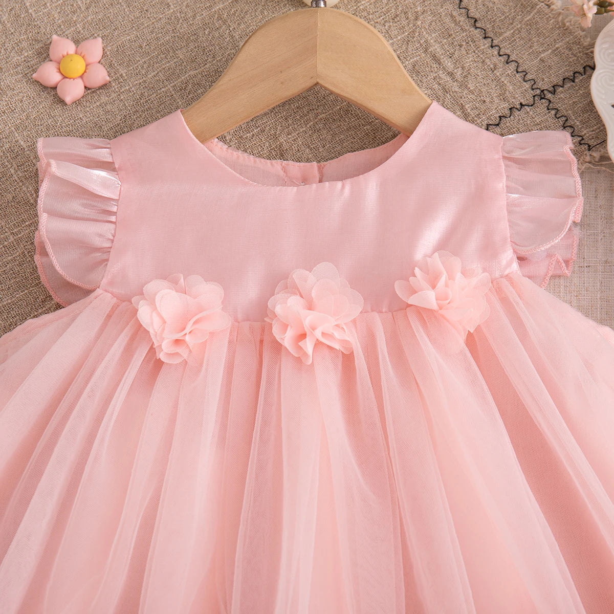Korean Style Sweet Solid Color Baby Girl Dress Summer Fashion Flower Birthday Party Gift or Wedding Princess Fairy Toddler Dress