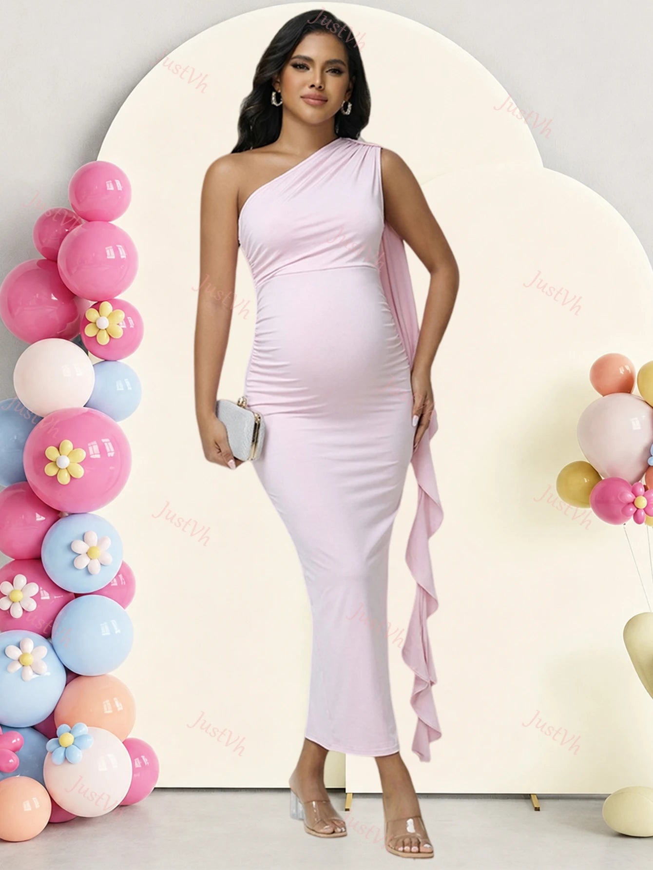 Maternity One Shoulder Ruffle Drape Baby Shower Dress Elegant Fitted Party Long Gown for Photoshoot