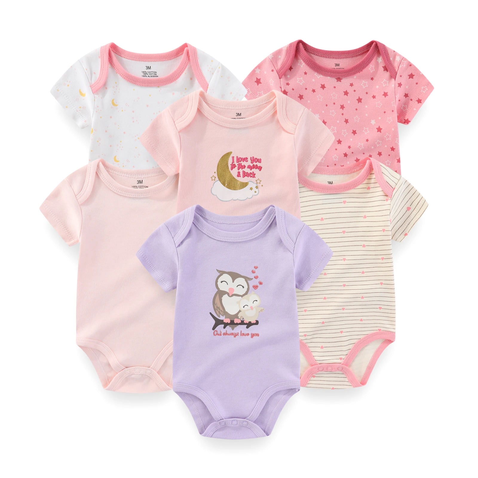 Kiddiezoom 6 Pack Cartoon Baby Bodysuits Short Sleeve Onesies for Newborns 0-12 Months Unisex