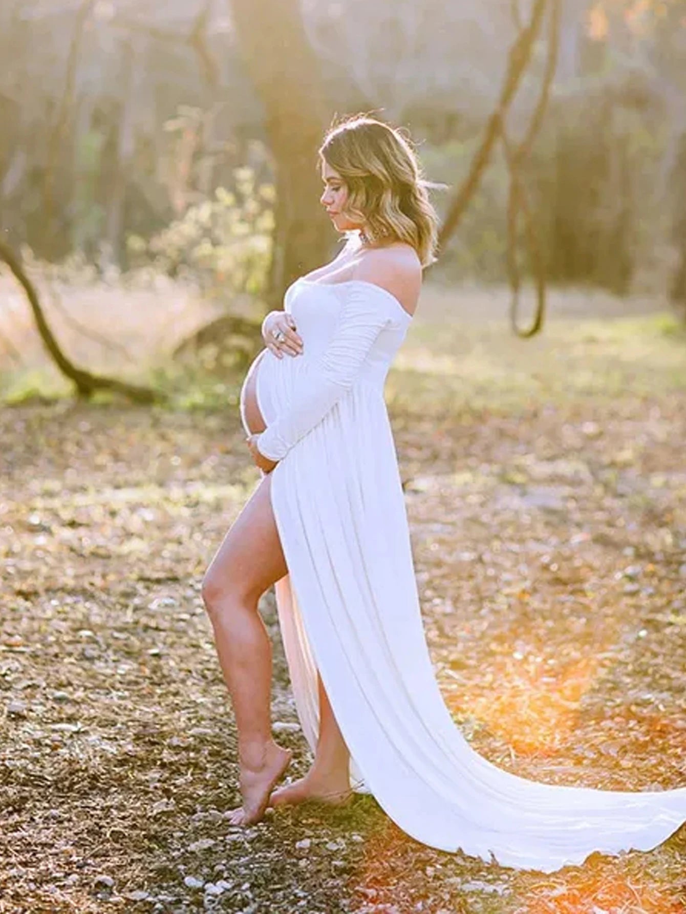 Maternity Sexy One Shoulder Front Slit Long Sleeved Dress for Pregnant Women Photo Photography Dress Ladies Dess Wedding Party