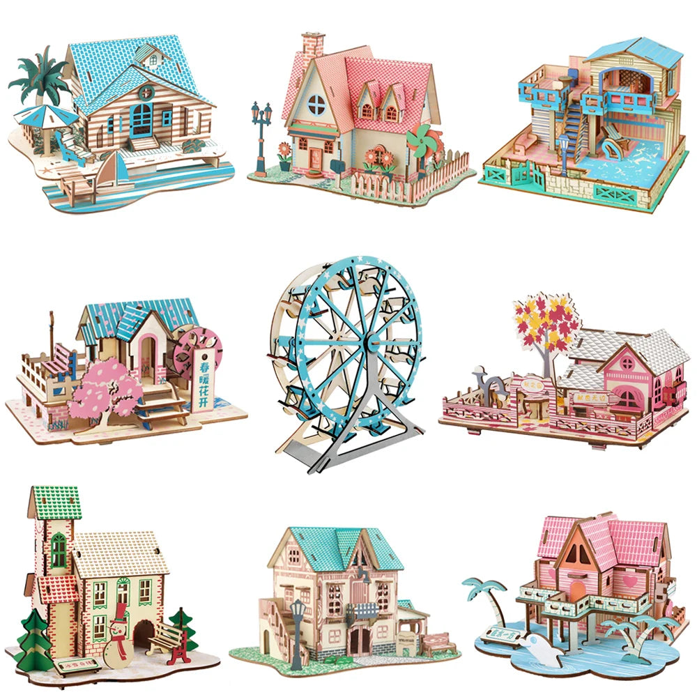 Handmade Wooden 3D Jigsaw Puzzle Game DIY Assembled Building Model Educational Early Childhood Toy for Kids Room Decoration Gift
