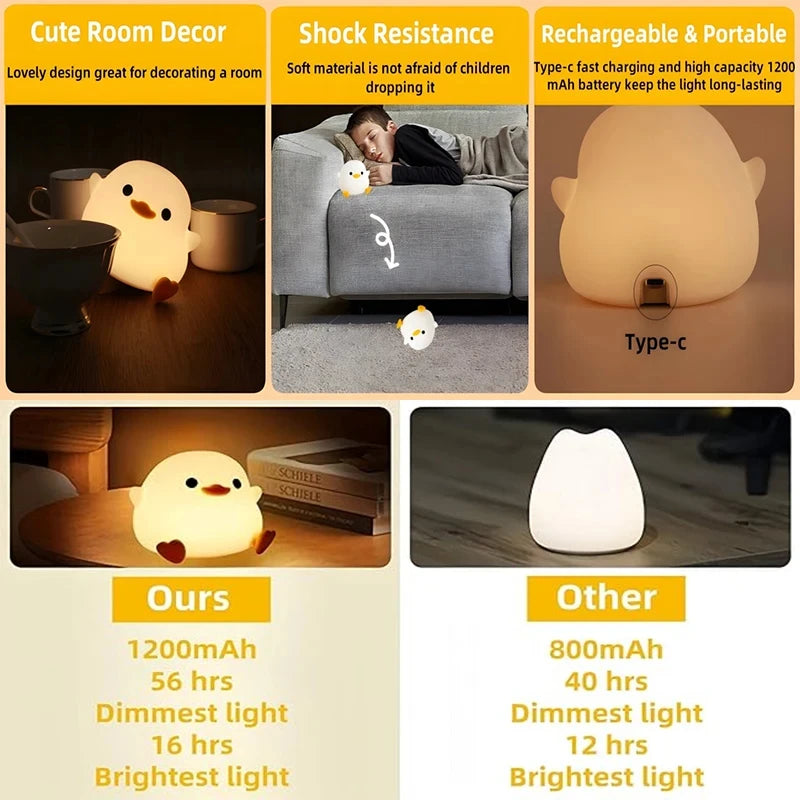 Cute DoDo Duck LED Night Light Touch-Sensitive Dimmable Rechargeable Silicone Bedside Lamp for Nursery Bedroom