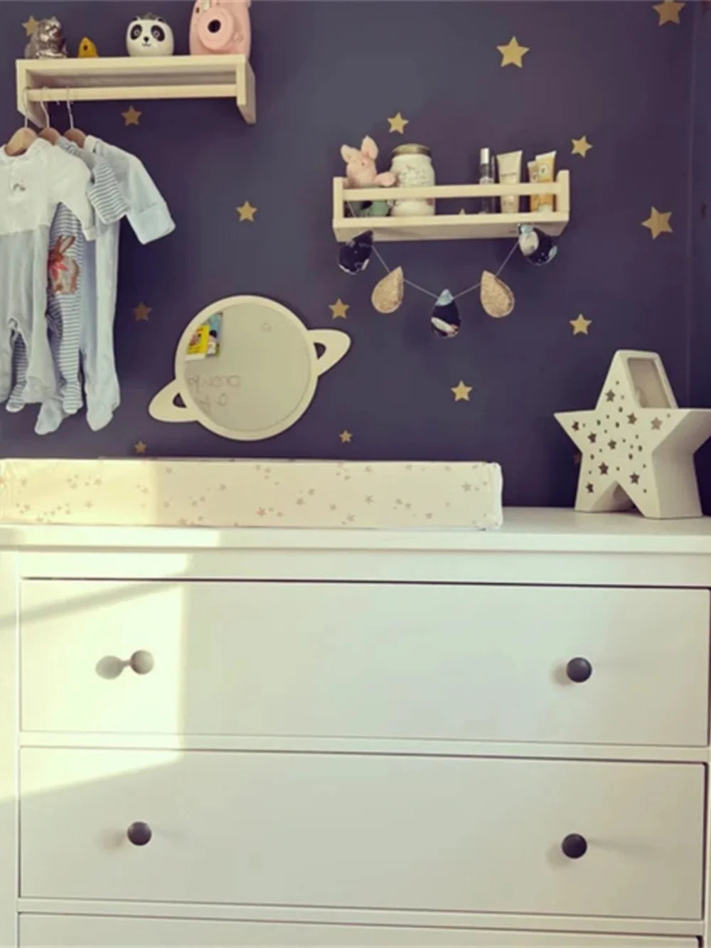 Ins Scandinavian Style Satellite Planet Wooden Anti-Shattering Wall Mirror Home Decoration Living Room Bedroom Background Boys and Girls Room Decoration Mirror, Cute Christmas, New Year Gift - Baby World SA