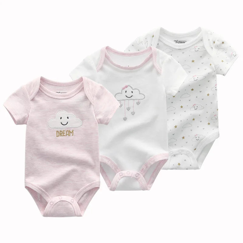3-Piece Cartoon Baby Girl Bodysuits Cute Bebe Short Sleeves Onesies 100%Cotton Summer Infant Clothes